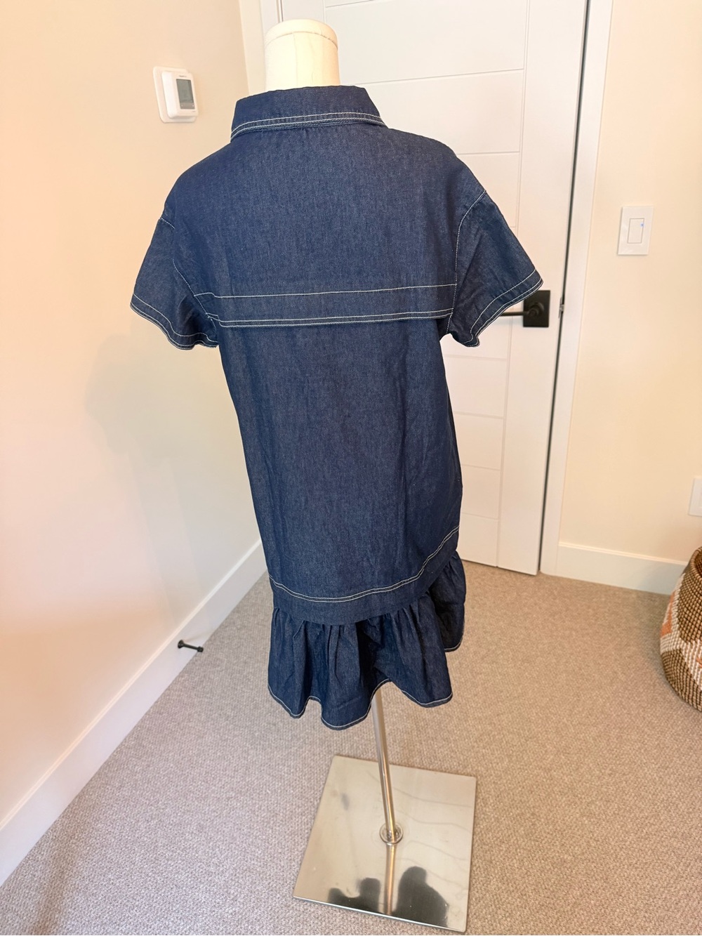 Dark Blue Denim Mini Dress with Ruffle Hem - Picture 7 of 12